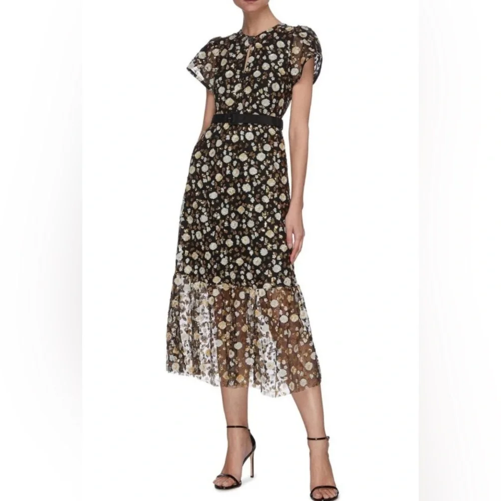 New Self-Portrait Black Sequins Embellished Short Sleeves Belted Mesh Midi Dress - Picture 2 of 14